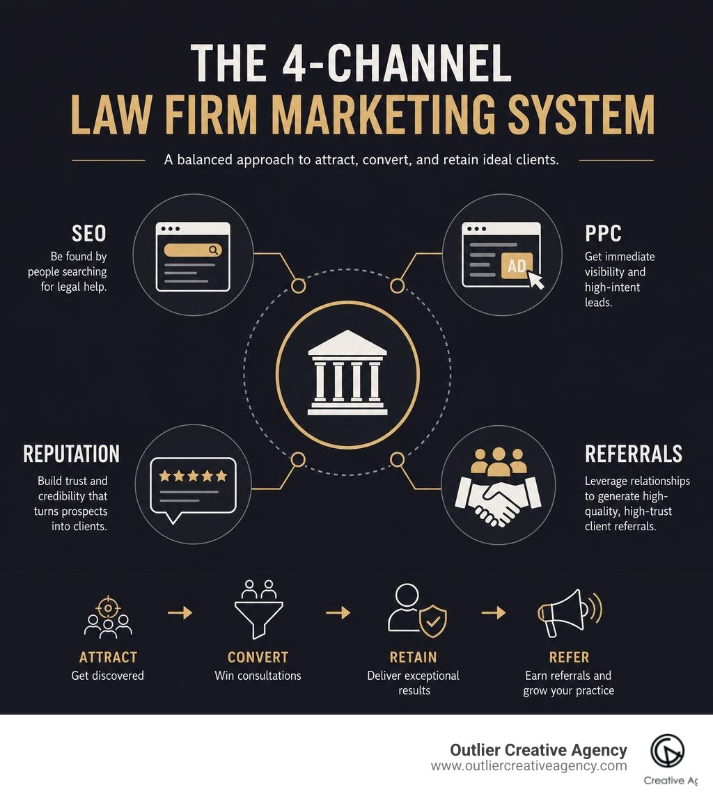 4-channel law firm marketing system showing SEO, PPC, reputation, and referrals infographic