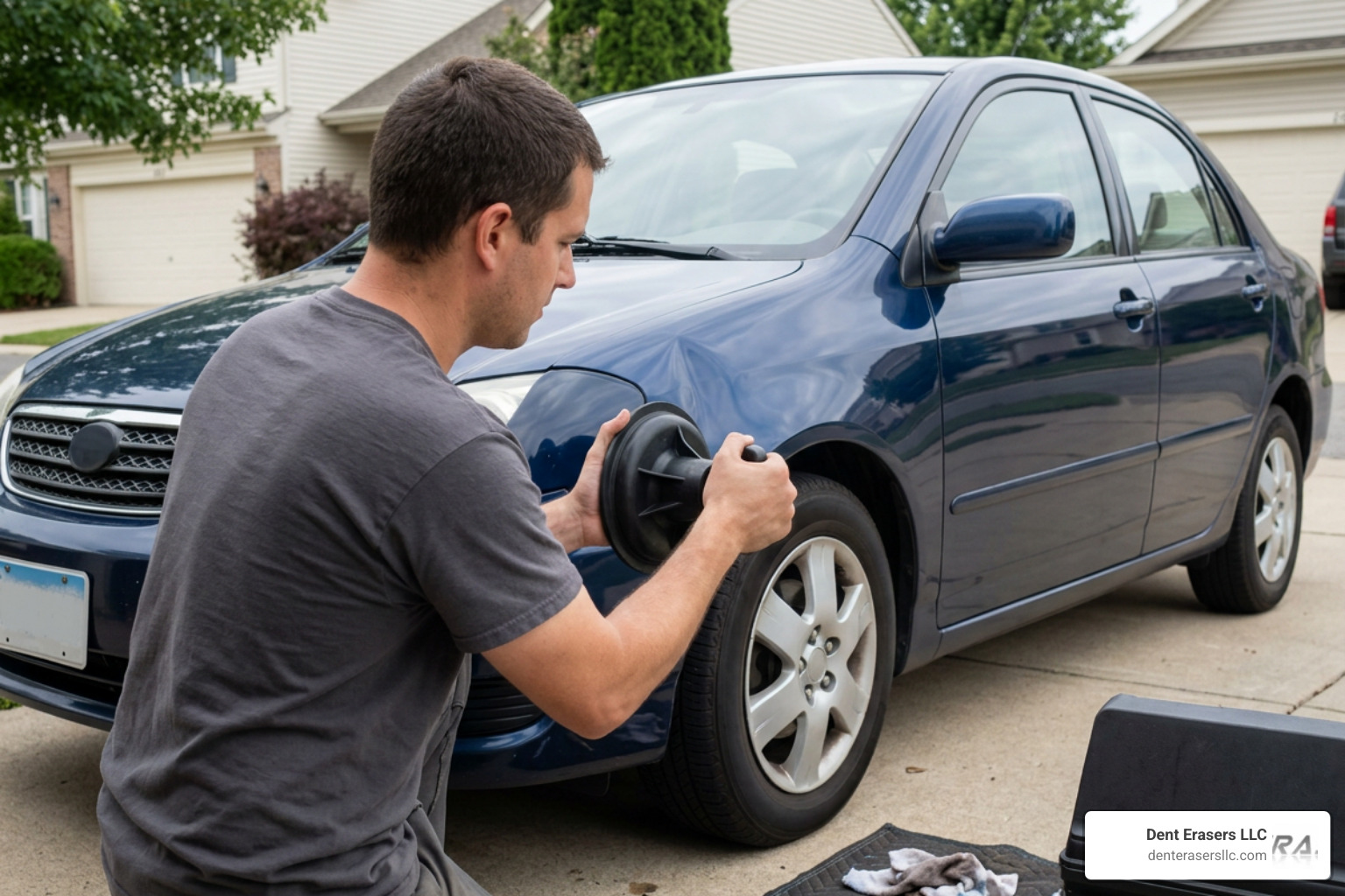 Using a suction cup plunger to pull a shallow dent out of a car door panel Using A Suction Cup Plunger To Pull A Shallow Dent Out Of A Car Door Panel