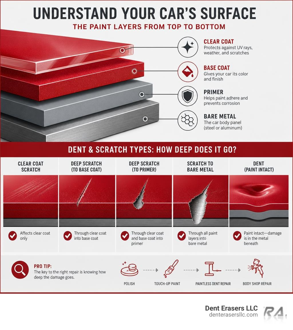 Car paint layer diagram showing clear coat, base coat, primer, and bare metal with dent type examples infographic Car Paint Layer Diagram Showing Clear Coat, Base Coat, Primer, And Bare Metal With Dent Type Examples Infographic