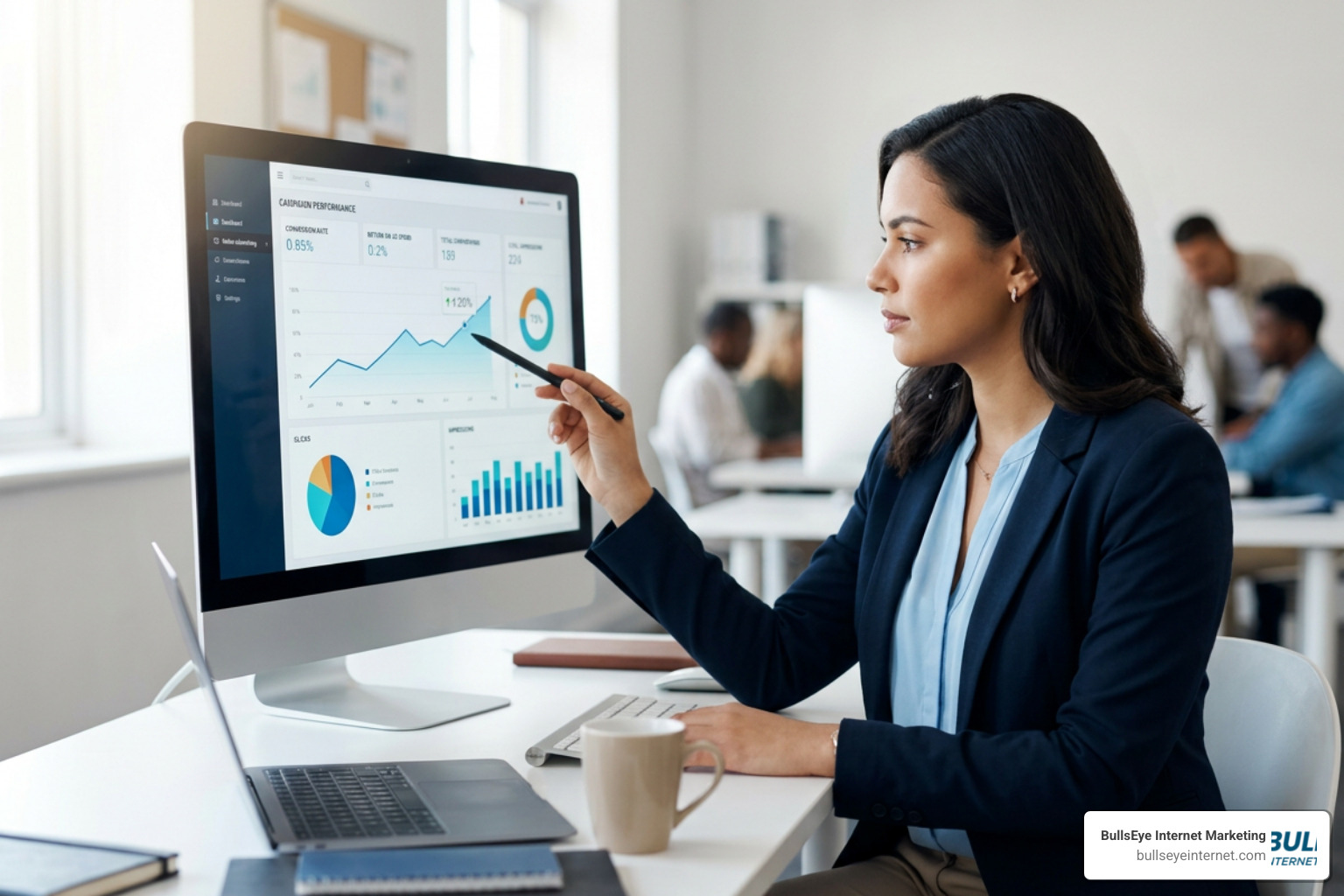 Microsoft Advertising privacy and consent settings dashboard Woman analyzing Bing Ads performance dashboard and ROI data in Google Tag Manager.