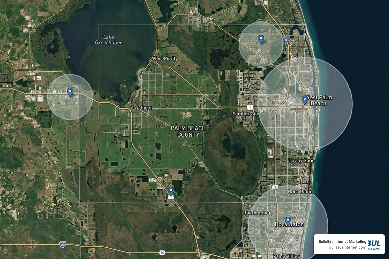 digital map showing geofencing radius and radius targeting in Palm Beach County