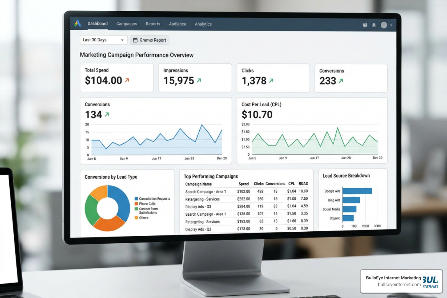 Law firm paid advertising dashboard tracking cost per lead and conversions