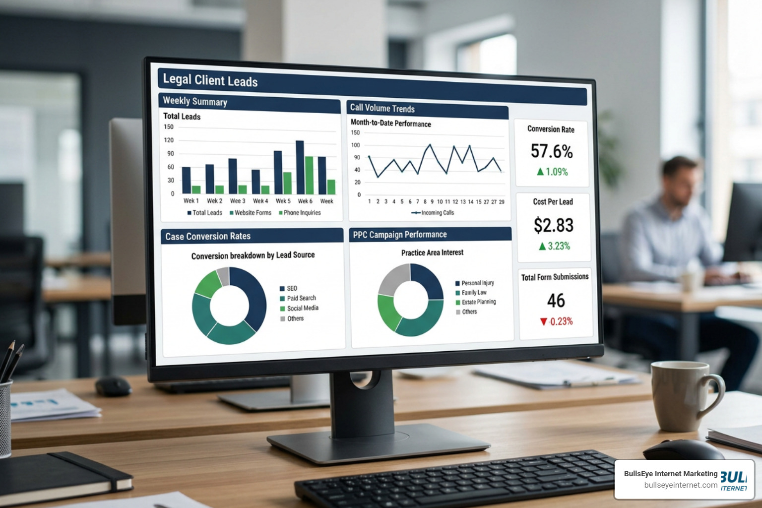 digital marketing dashboard showing law firm leads and call volume