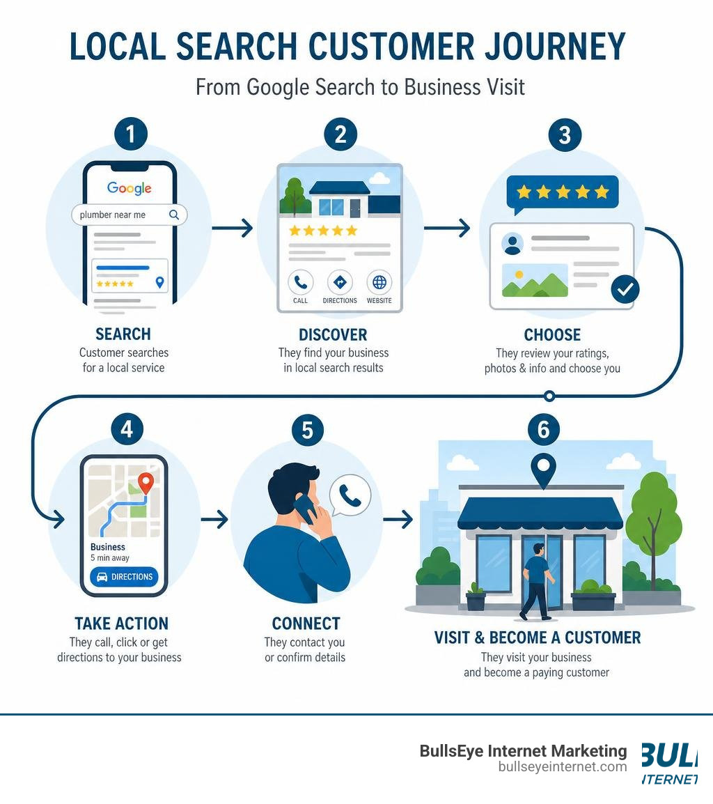 Local search customer journey from Google search to business visit infographic infographic Local search customer journey: search, find business, choose, take action, connect, and visit for customer