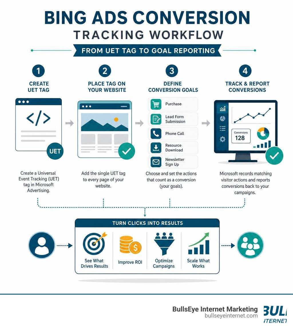 Bing Ads conversion tracking workflow from UET tag to goal reporting infographic Bing Ads conversion tracking workflow: UET tag installation and goal reporting for improved ROI.