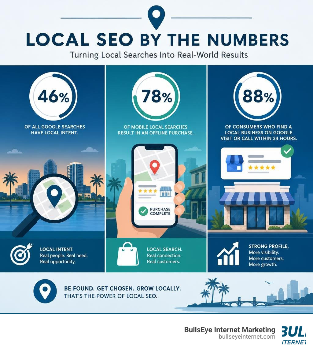Local SEO statistics infographic: local search intent, mobile purchase behavior, and Google Business Profile impact