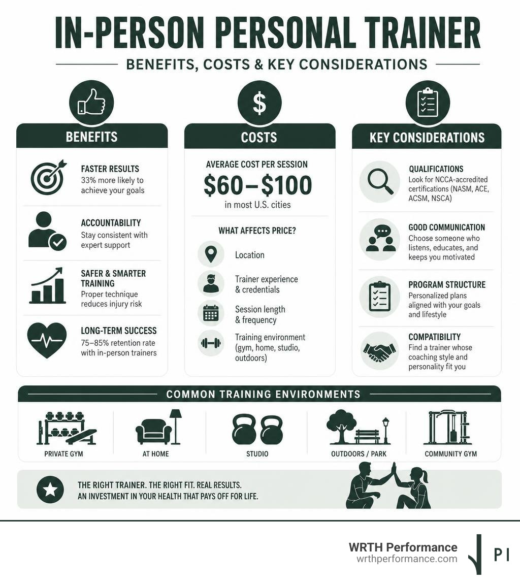 Infographic showing benefits, costs, and key considerations for hiring an in-person personal trainer infographic Infographic showing benefits, costs, and key considerations for hiring an in-person personal trainer infographic