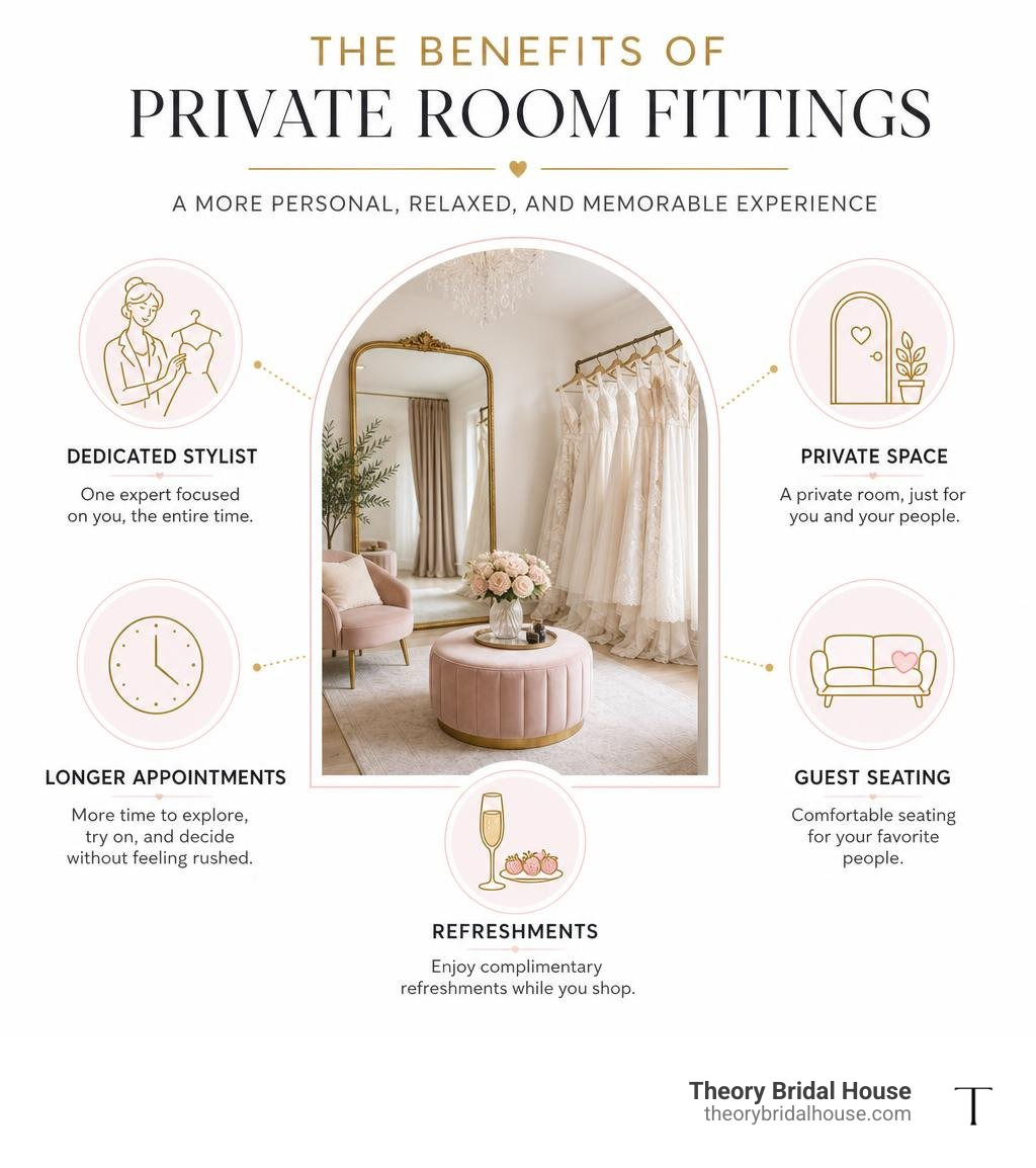 Infographic showing key benefits of bridal boutique private rooms including dedicated stylist, private space, longer Infographic showing key benefits of bridal boutique private rooms including dedicated stylist, private space, longer