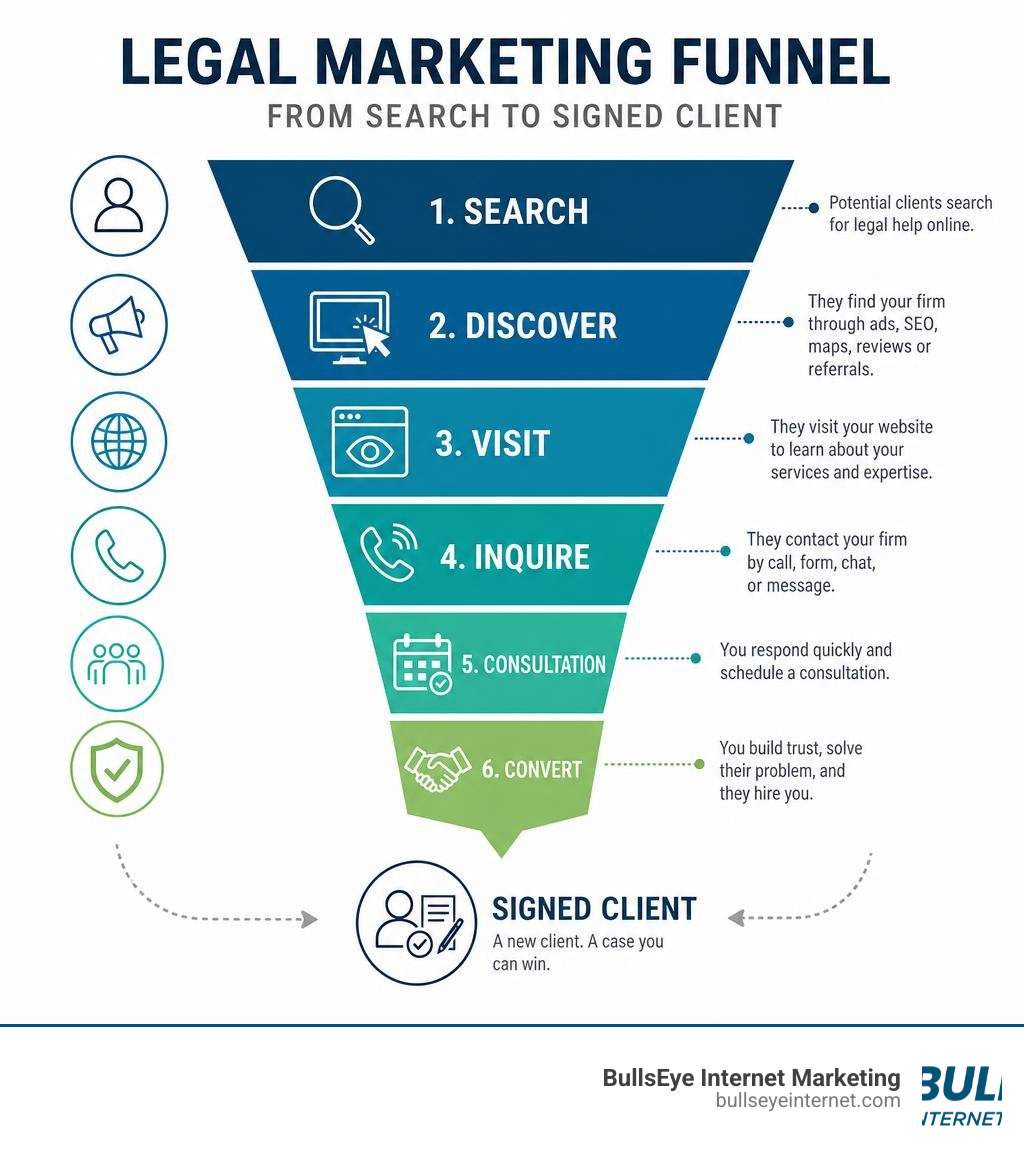 Legal marketing funnel showing stages from search to signed client for law firms infographic