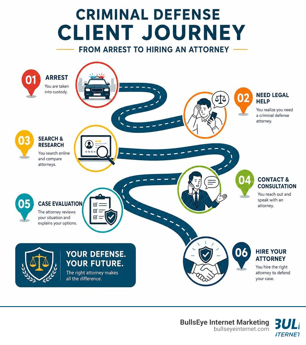 Criminal defense client journey from arrest to hiring an attorney infographic infographic Criminal defense client journey infographic from arrest to hiring an attorney.
