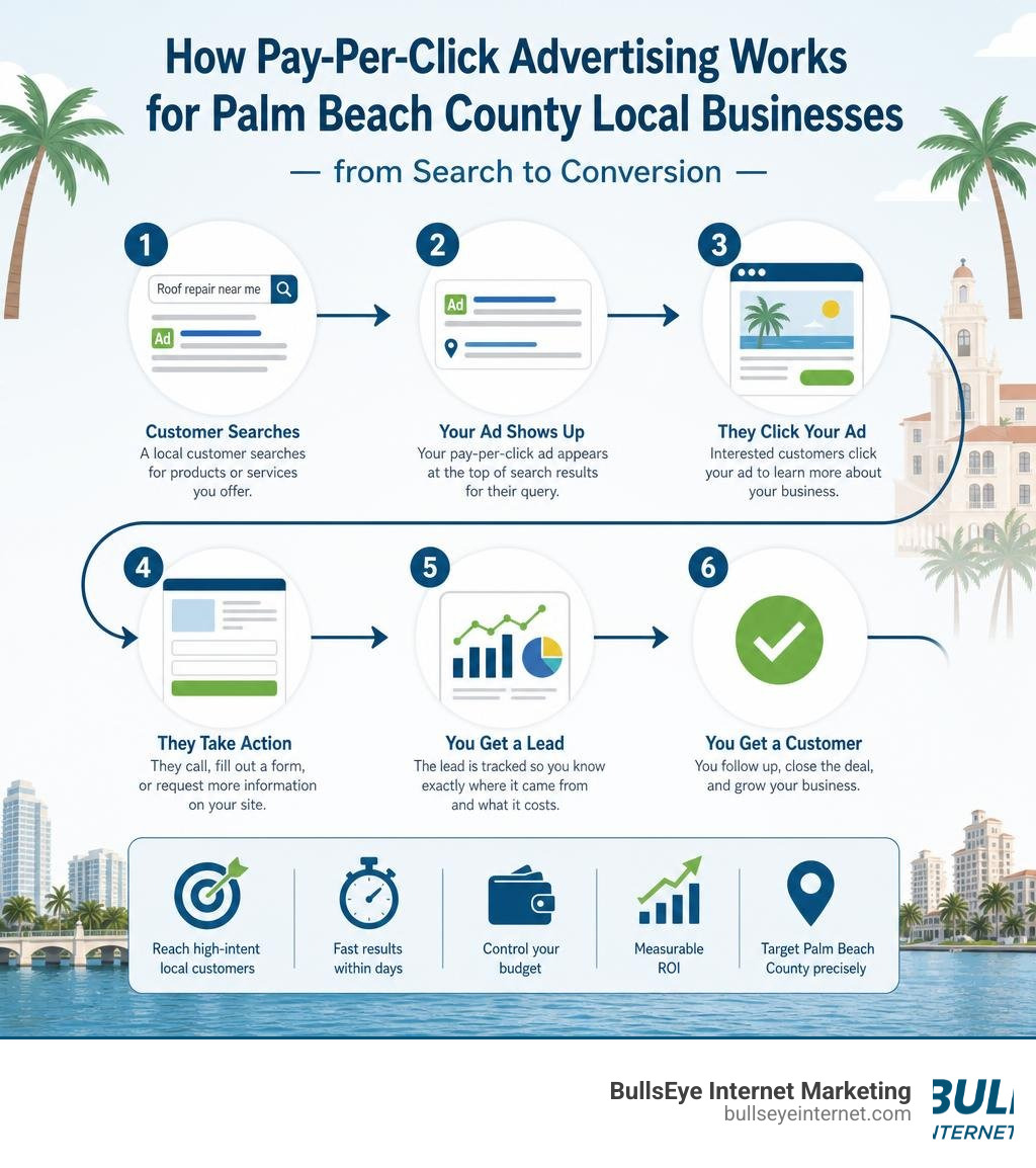 How pay-per-click advertising works for Palm Beach County local businesses &mdash; from search to conversion infographic