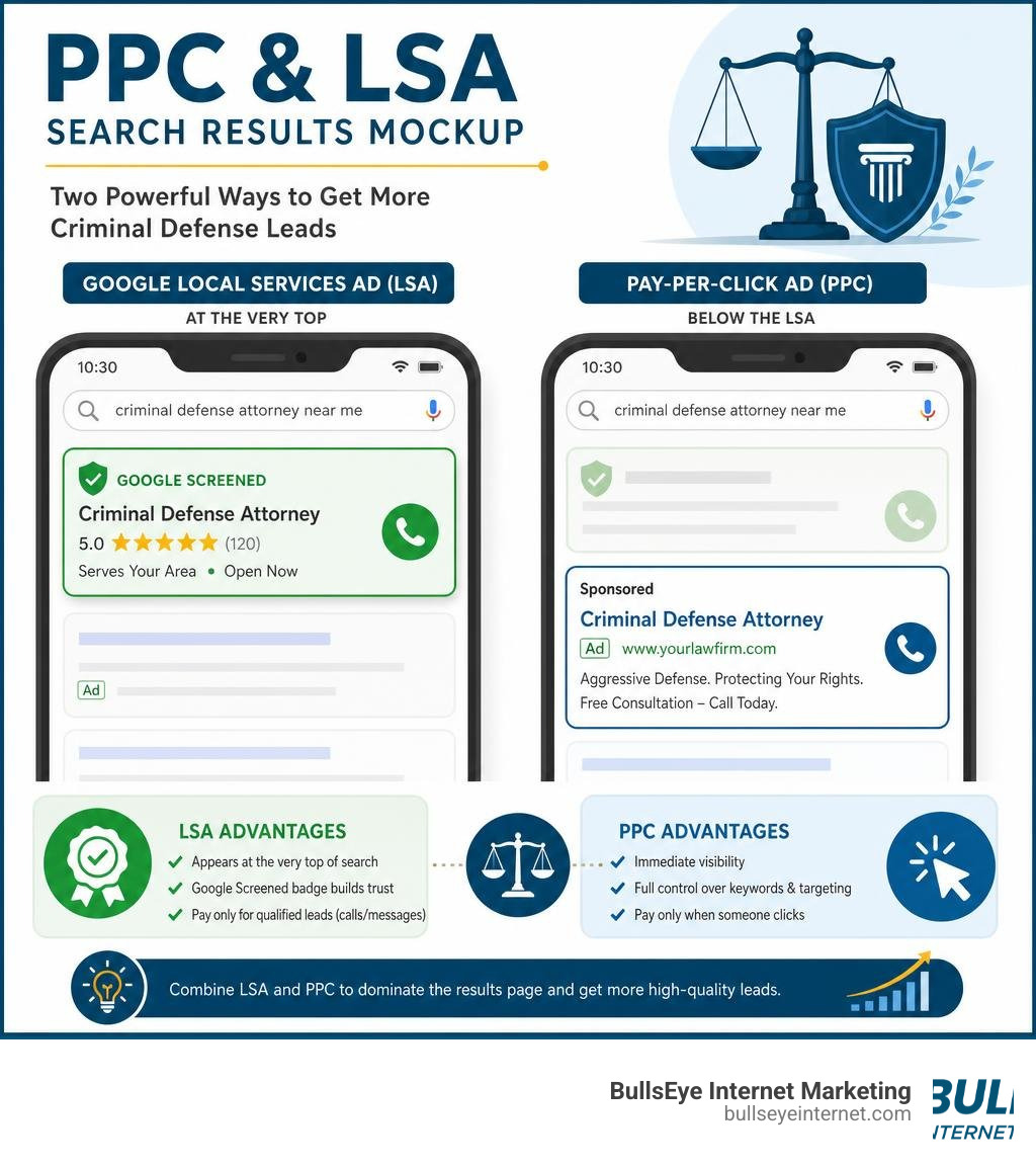 PPC and LSA search results mockup infographic infographic PPC and LSA ad comparison mockup showing Google Local Services Ad and pay-per-click ad for