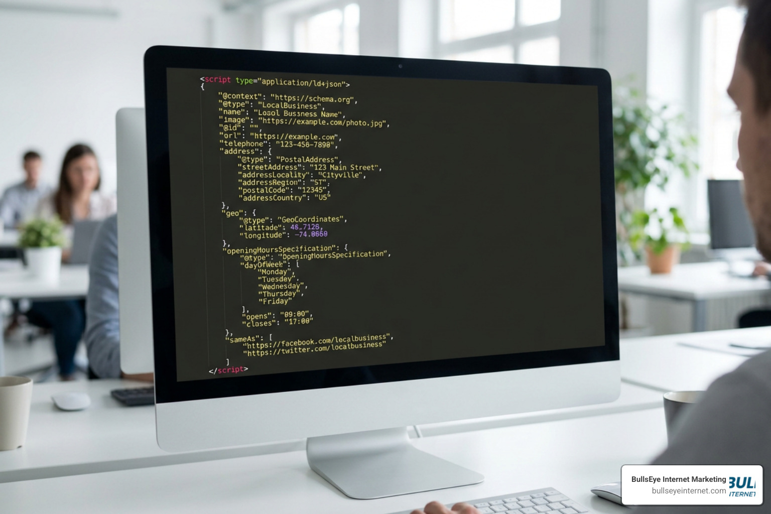 Computer screen displaying schema markup code for local business NAP information.