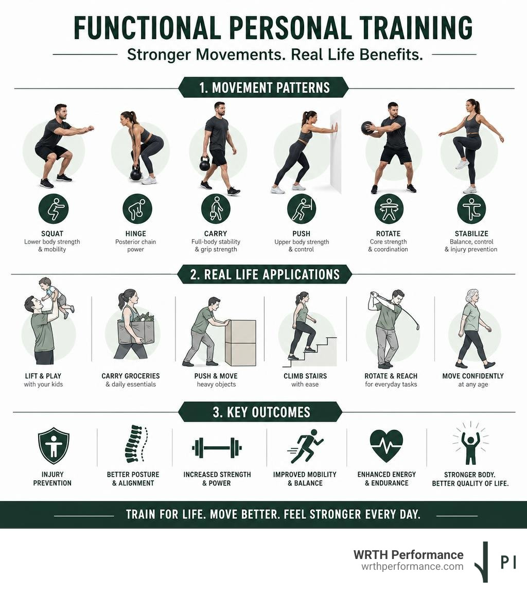 Functional personal training benefits: movement patterns, daily life applications, and key outcomes infographic Functional personal training benefits: movement patterns, daily life applications, and key outcomes infographic