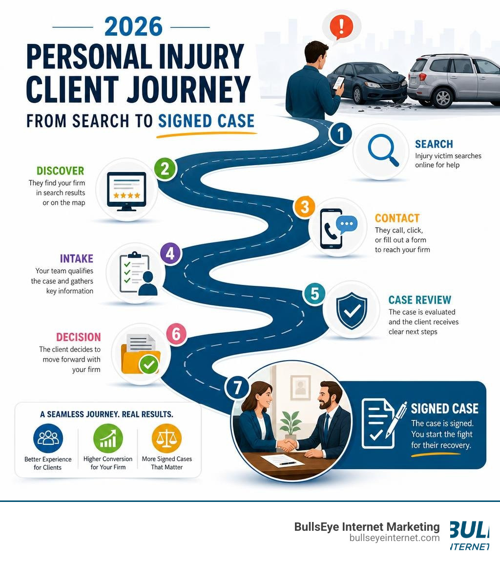 2026 personal injury client journey infographic from search to signed case infographic