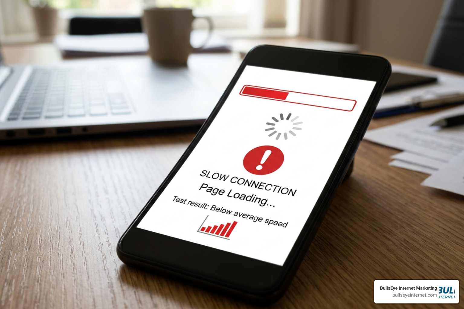 Slow page loading on smartphone illustrating SEO audit concerns and website performance issues.