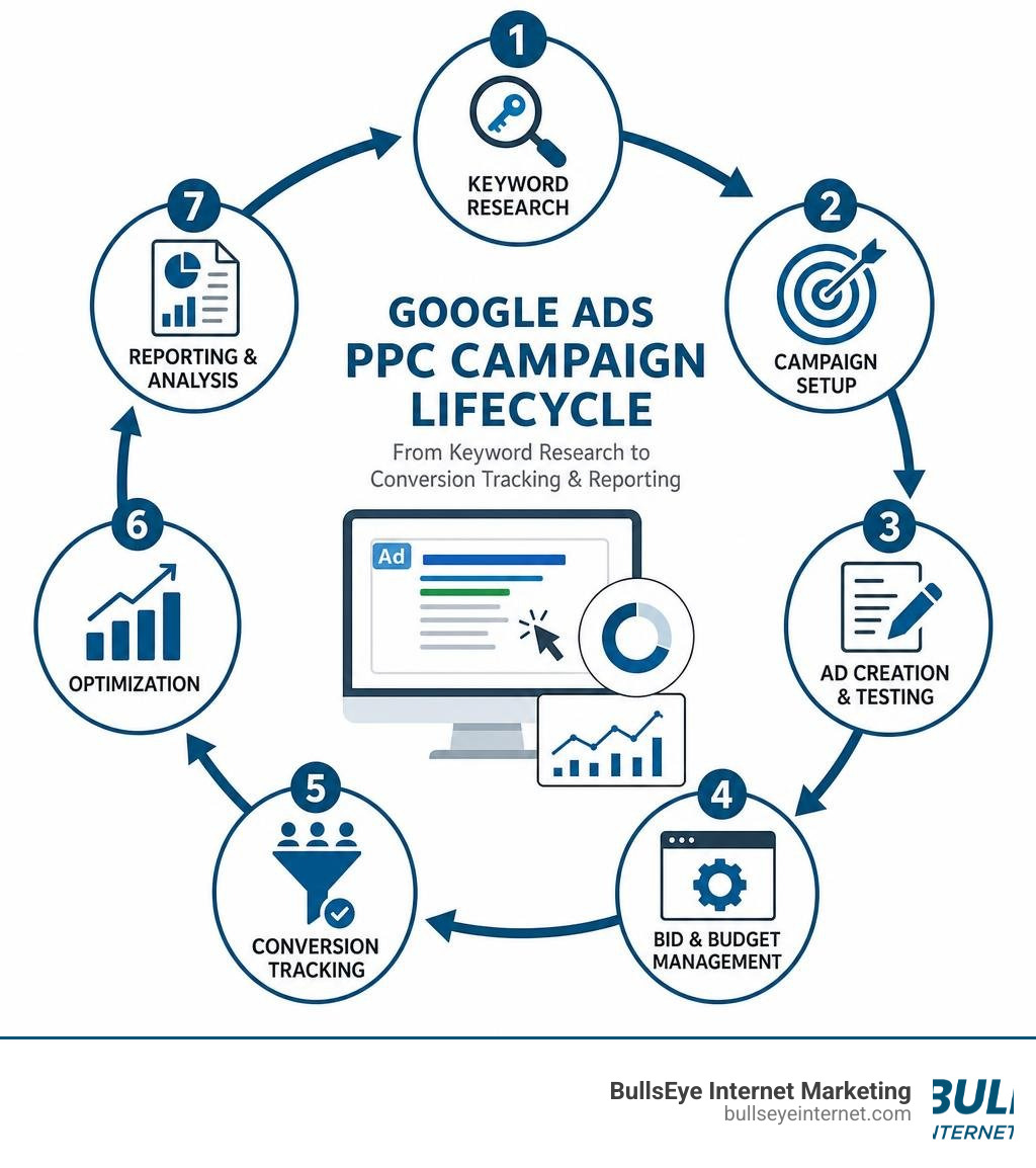 Infographic showing the Google Ads PPC campaign lifecycle from keyword research to conversion tracking and reporting
