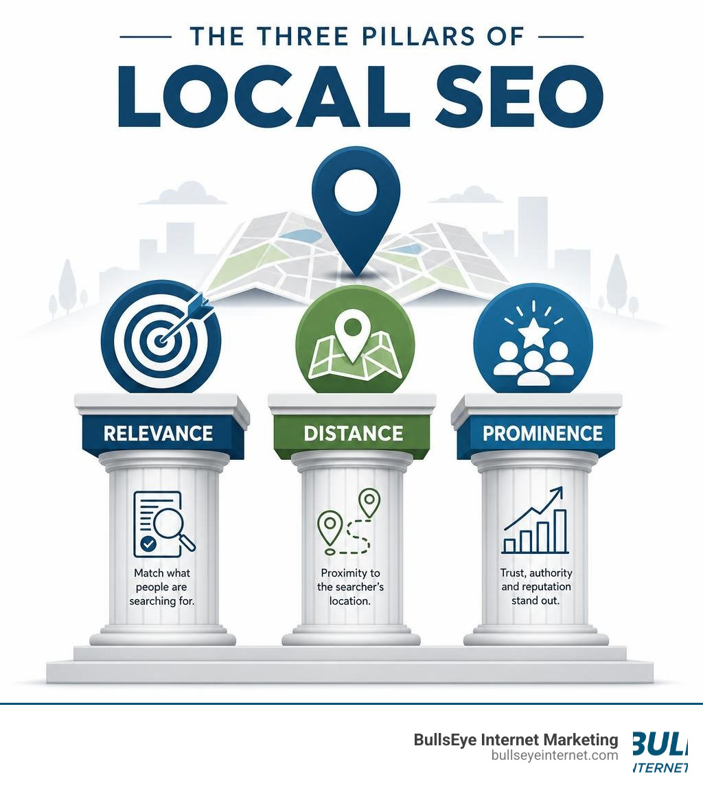 Infographic illustrating the three pillars of local SEO: relevance, distance, and prominence, with a map