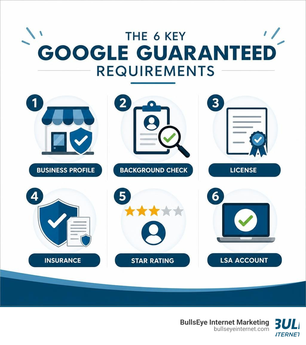 Infographic showing the 6 key Google Guaranteed requirements: Business Profile, Background Check, License, Insurance, Star Infographic showing the 6 key Google Guaranteed requirements: Business Profile, Background Check, License, Insurance, Star