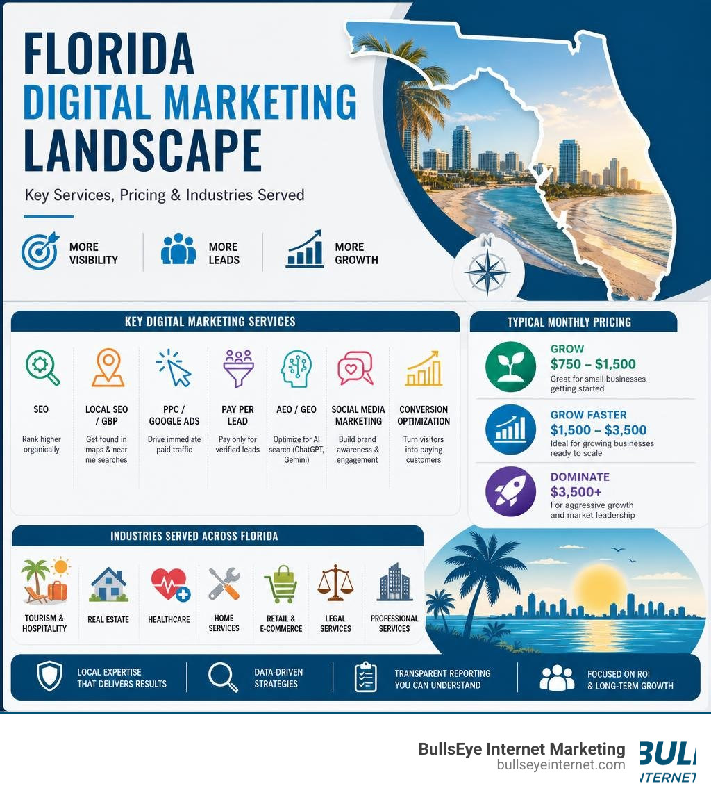 Florida digital marketing landscape infographic showing key services, pricing, and industries served infographic