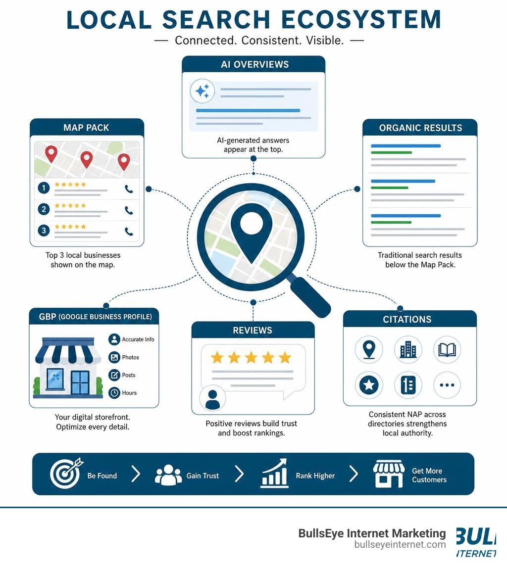 Local search ecosystem diagram illustrating Map Pack, AI Overviews, organic results, GBP, citations, and reviews