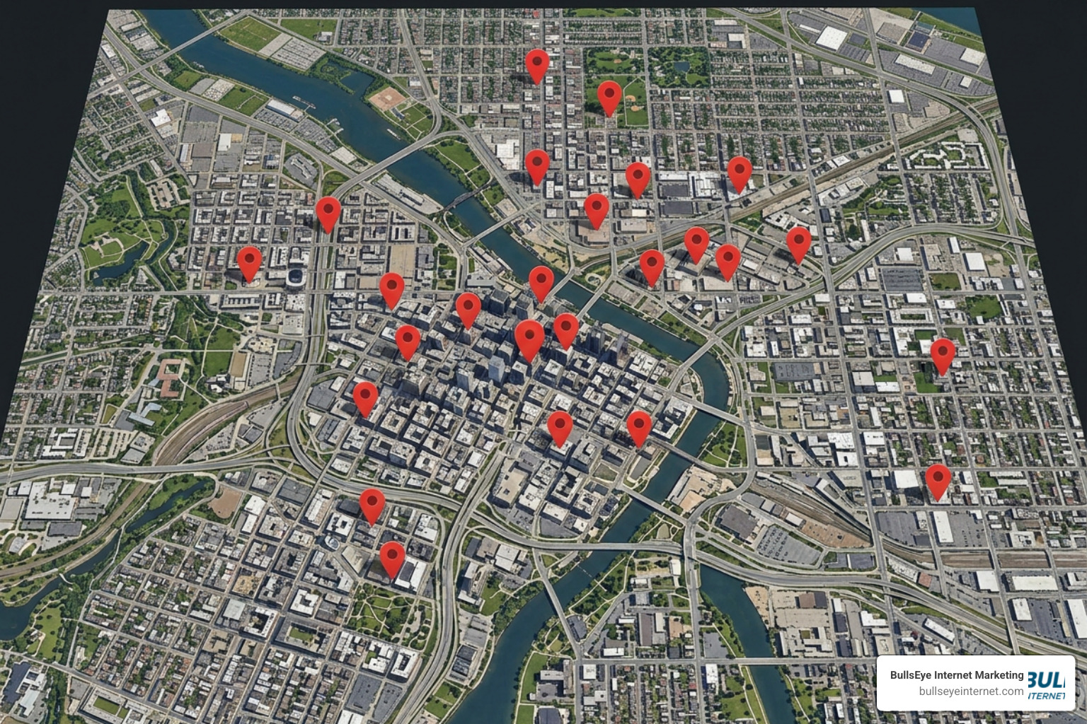 Digital map showing local business pins Digital map showing local business pins