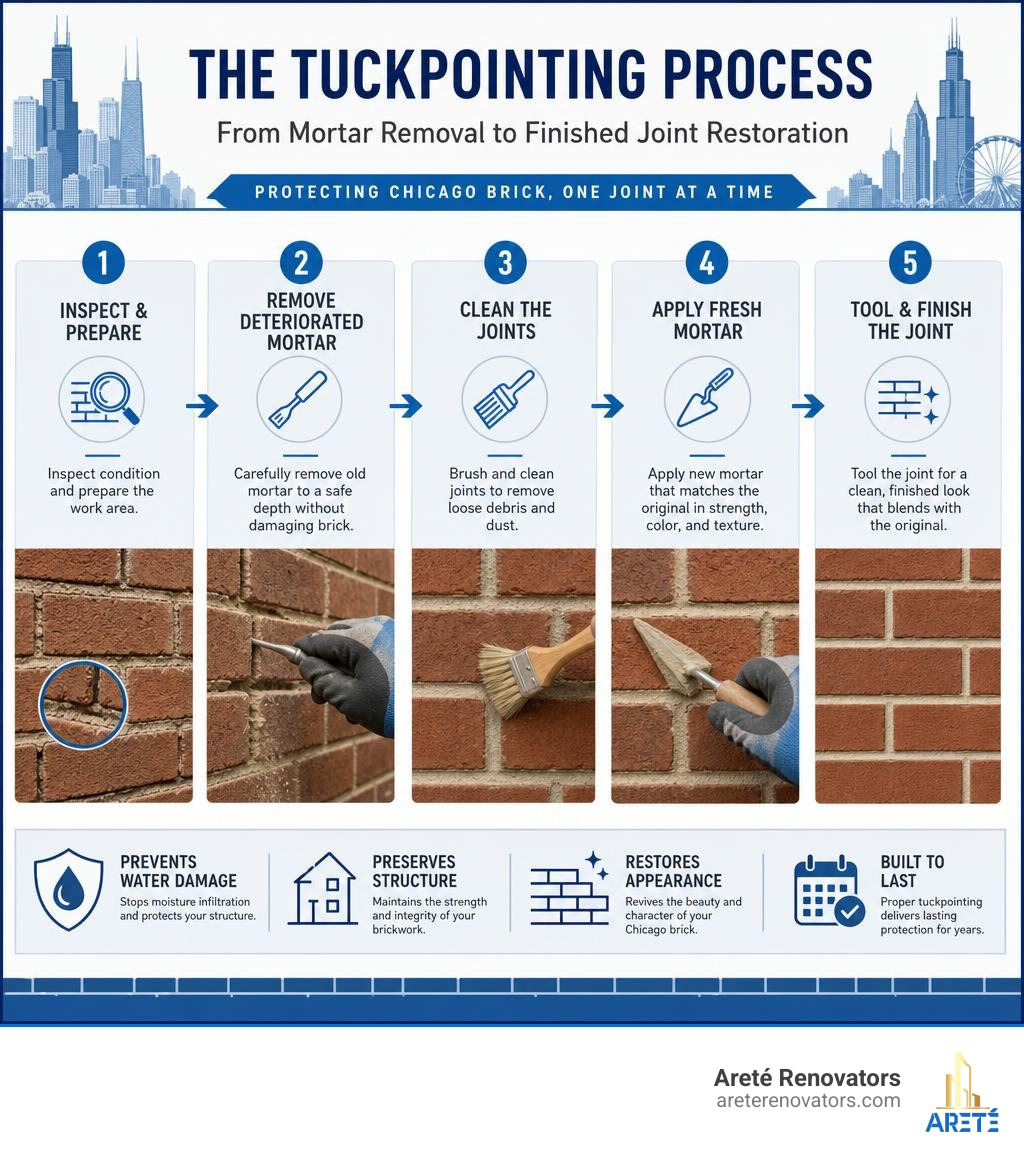 Steps of tuckpointing process from mortar removal to finished joint restoration on Chicago brick infographic