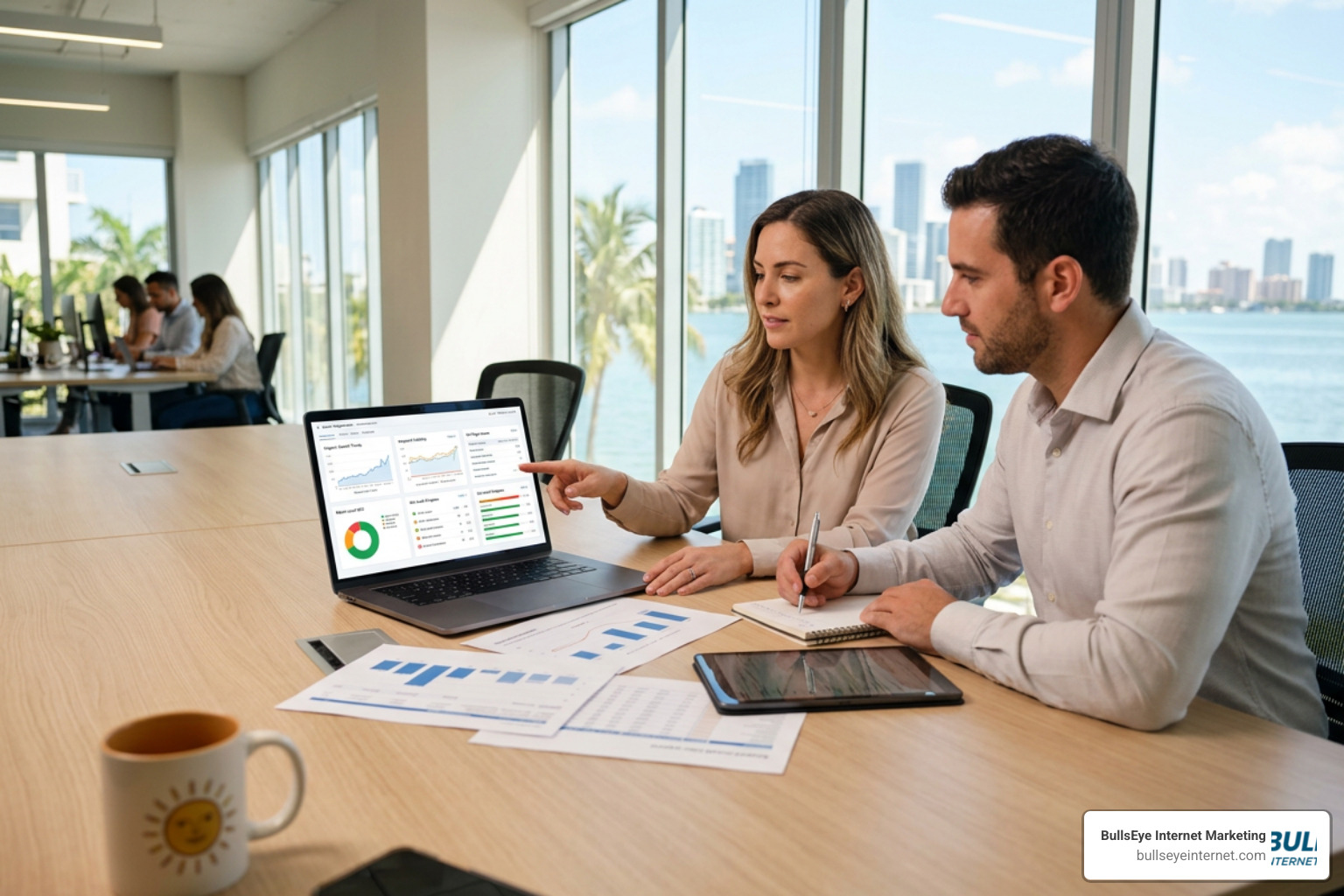 BullsEye Internet Marketing team reviewing SEO audit data and Google Business Profile health on laptop,