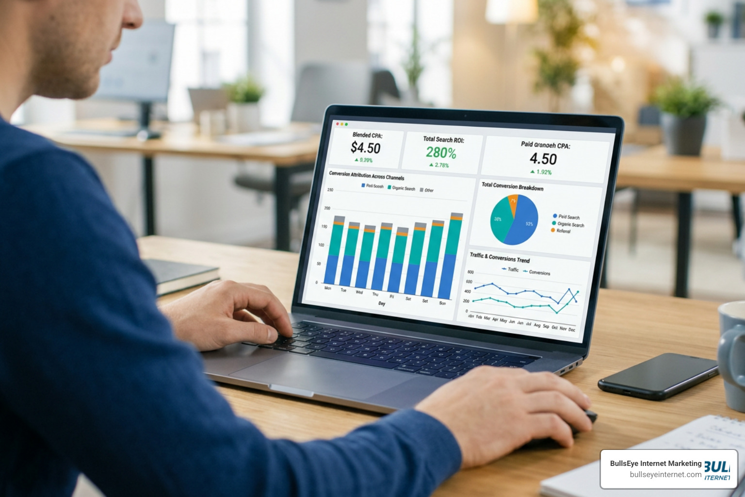 Marketing analytics report showing blended cost-per-acquisition, total search engine ROI, and conversion attribution across