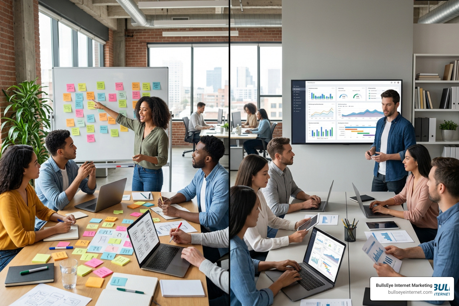 Marketing team reviewing data dashboards and campaign performance metrics for sustainable growth.