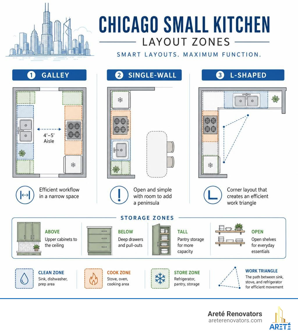 Chicago small kitchen layout zones infographic showing galley, single-wall, and L-shaped options with storage zones