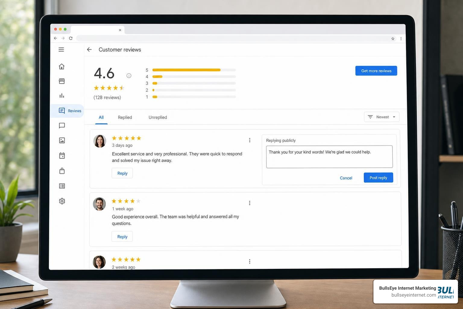 Customer review response interface on Google Business Profile dashboard Computer screen displaying Google Business Profile reviews and reputation management dashboard.