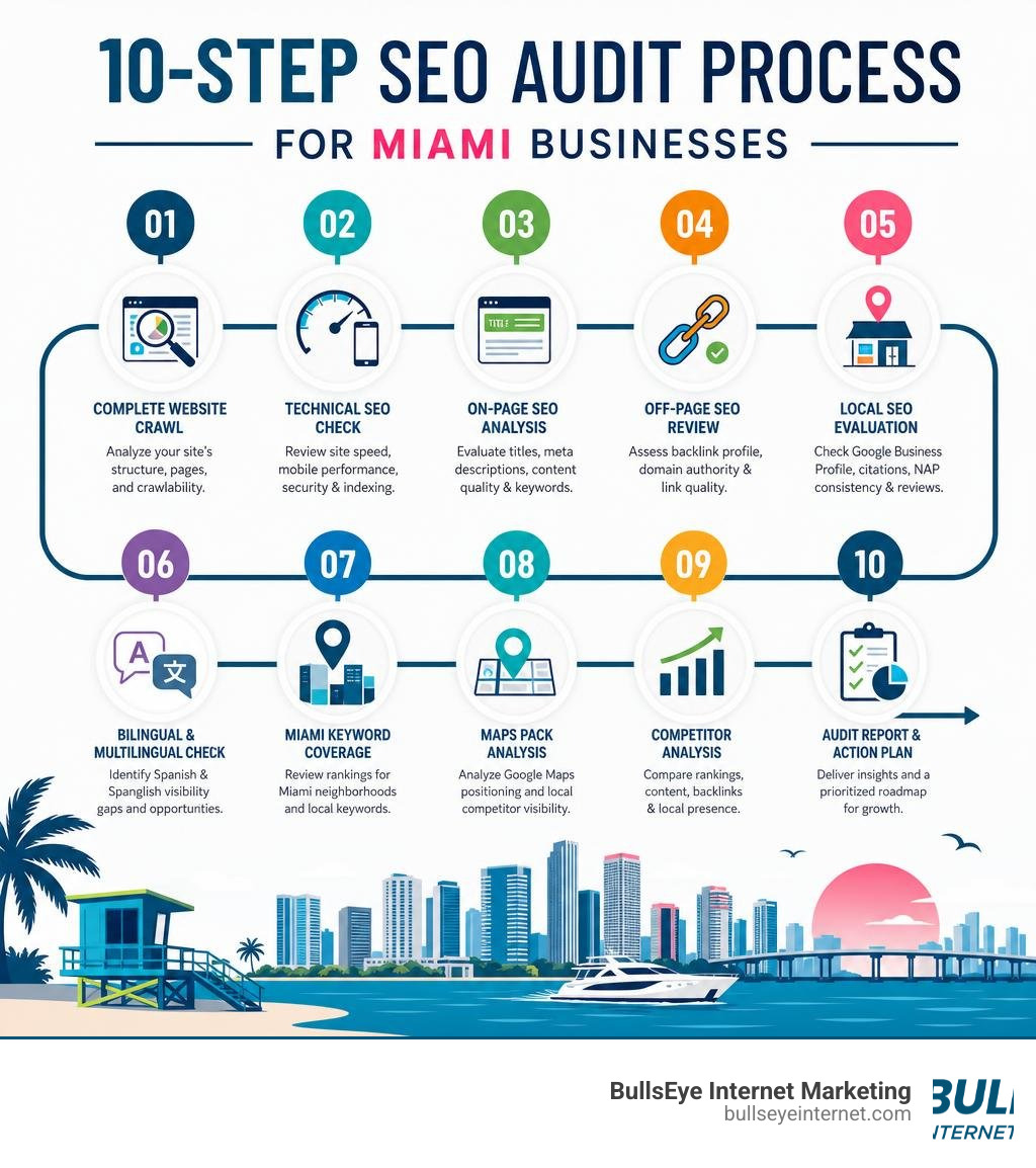 SEO audit process for Miami businesses: website crawl, technical SEO, on-page SEO, off-page SEO, local
