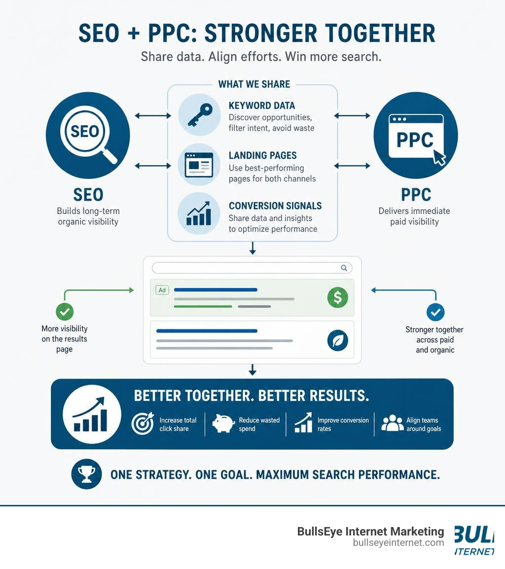 Infographic showing how SEO and PPC share keyword data, landing pages, and conversion signals to improve combined search