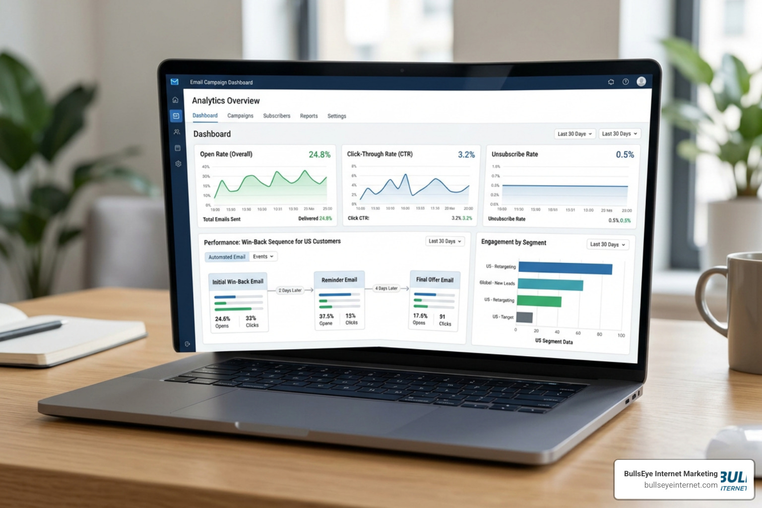 email marketing campaign dashboard showing open rates and win back sequence email marketing campaign dashboard showing open rates and win back sequence