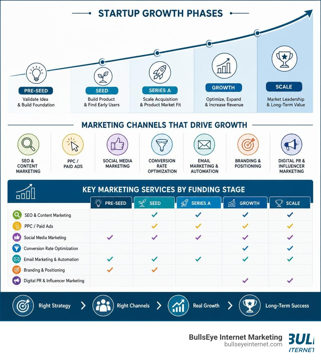 Startup growth phases chart illustrating marketing channels and services by funding stage, BullsEye Internet Marketing.