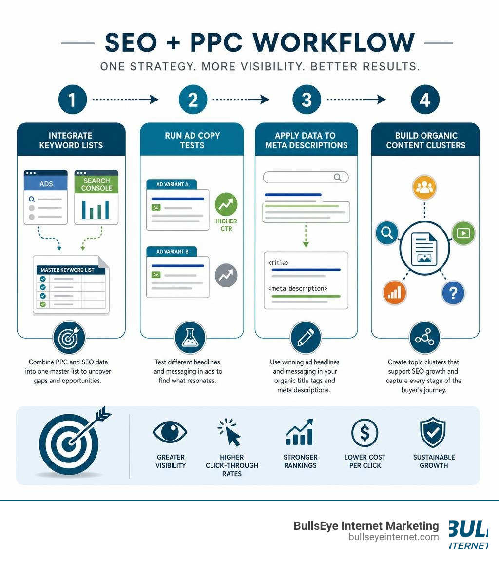 Step-by-step workflow showing how to integrate keyword lists, run ad copy tests, apply data to meta descriptions, and build