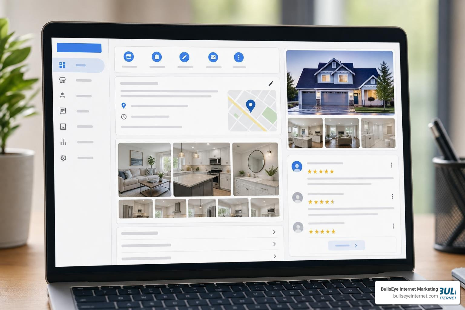 Google Business Profile optimization dashboard displaying home services photos and reviews.
