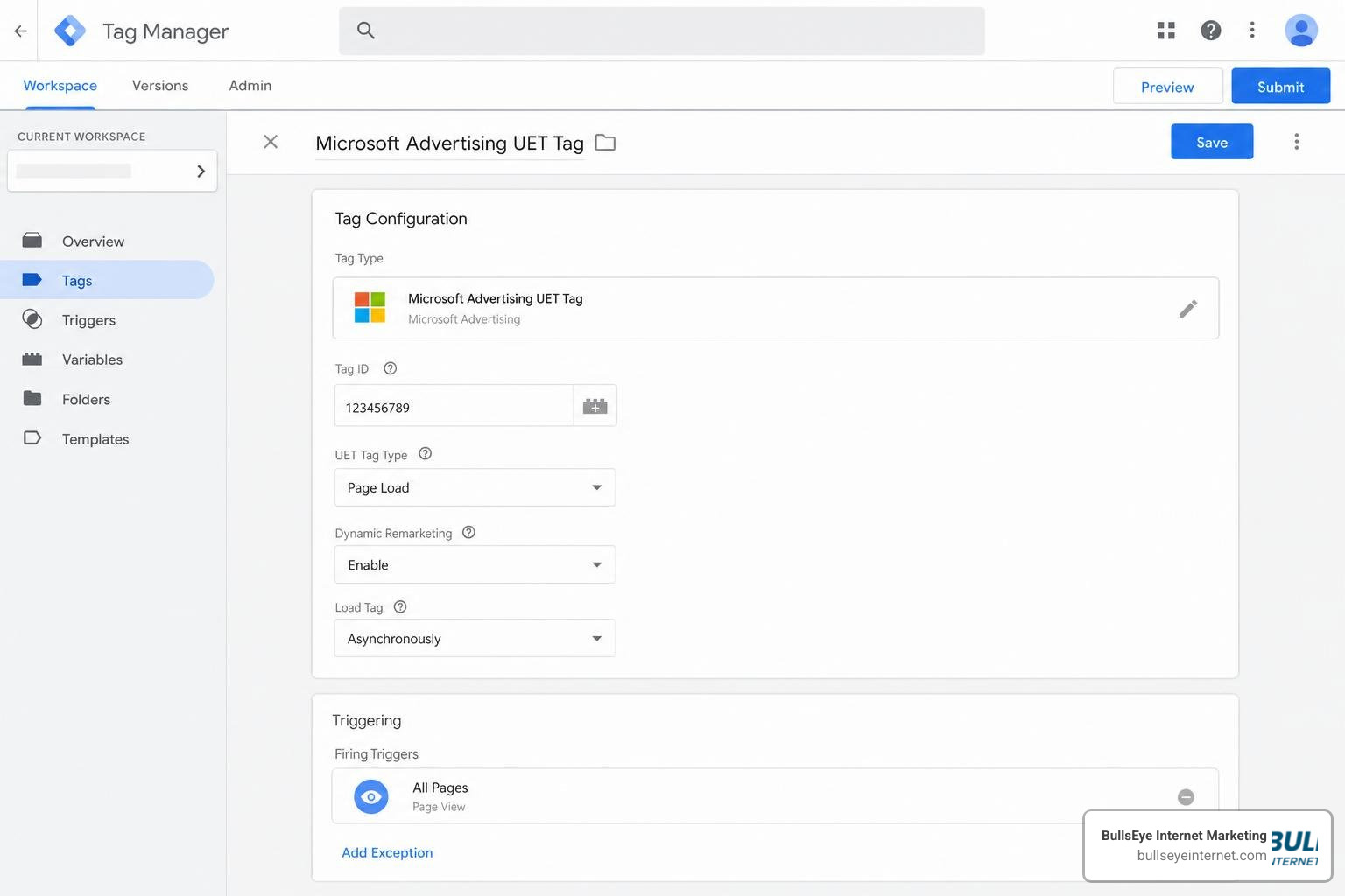 Google Tag Manager interface configuring Microsoft Advertising UET tag Google Tag Manager interface showing Microsoft Advertising UET Tag configuration for page load.