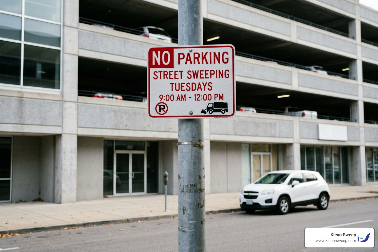 Commercial street sweeping sign on a city post next to a retail parking structure Commercial street sweeping sign on a city post next to a retail parking structure