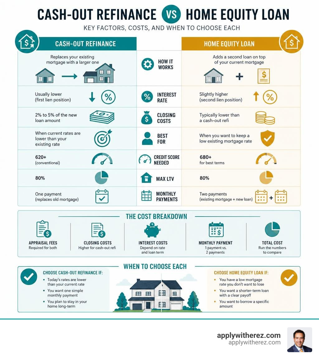 infographic comparing cash-out refinance vs home equity loan key factors, costs, and when to choose each infographic