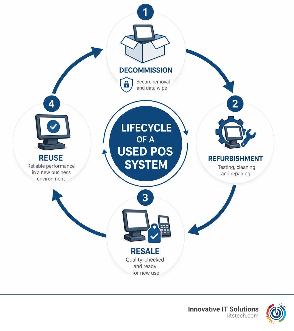 Lifecycle of a used POS system from decommission to refurbishment to resale to reuse infographic Lifecycle of a used POS system from decommission to refurbishment to resale to reuse infographic