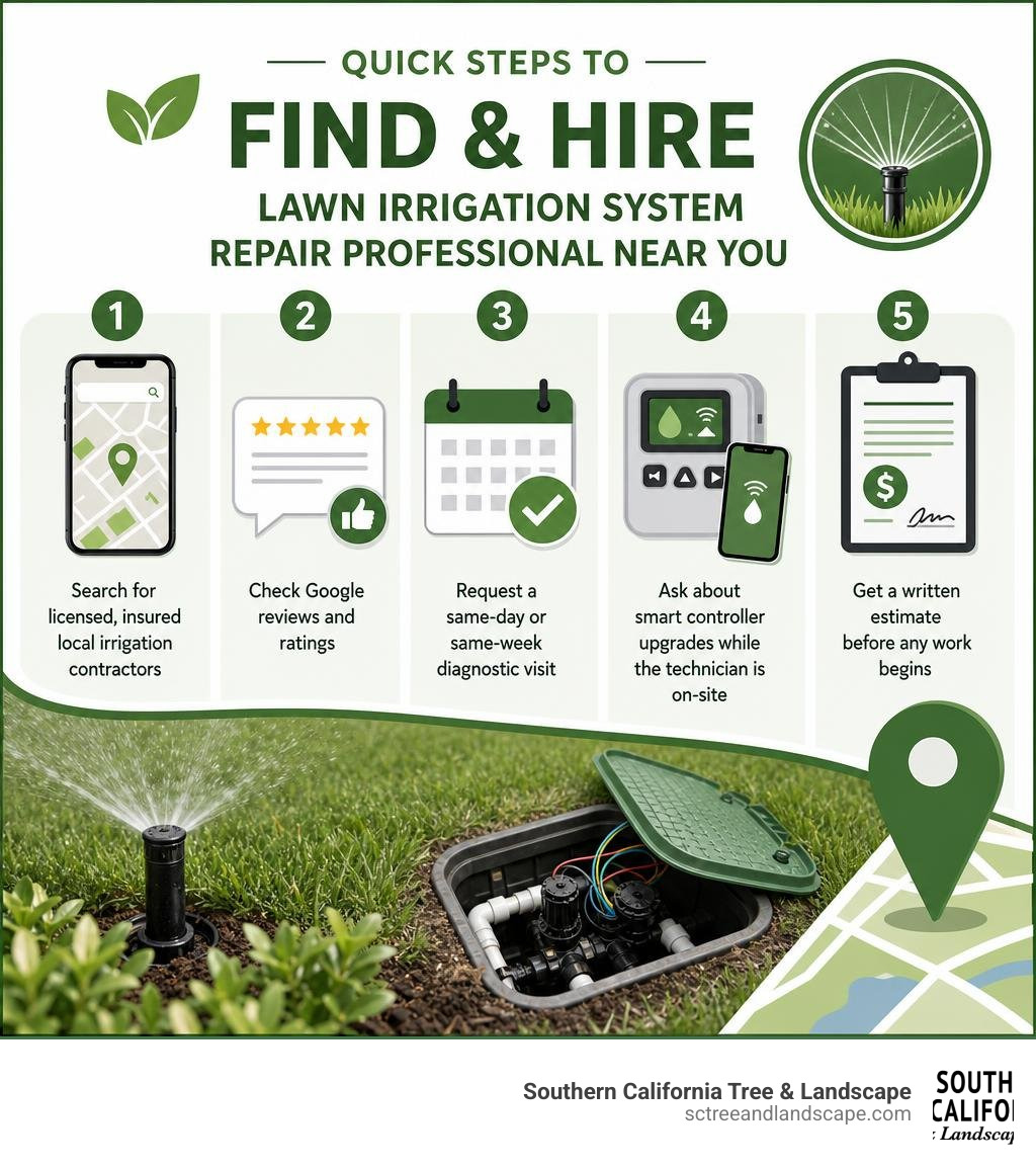 Infographic showing quick steps to find and hire a lawn irrigation system repair professional near you infographic Infographic showing quick steps to find and hire a lawn irrigation system repair professional near you infographic