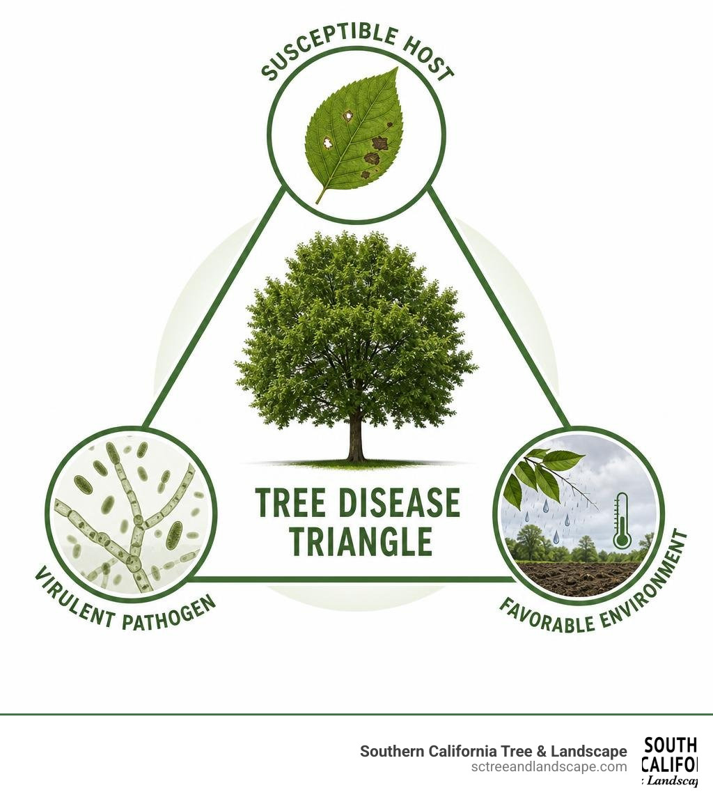 Infographic showing the tree disease triangle: susceptible host, virulent pathogen, and favorable environment infographic Infographic showing the tree disease triangle: susceptible host, virulent pathogen, and favorable environment infographic