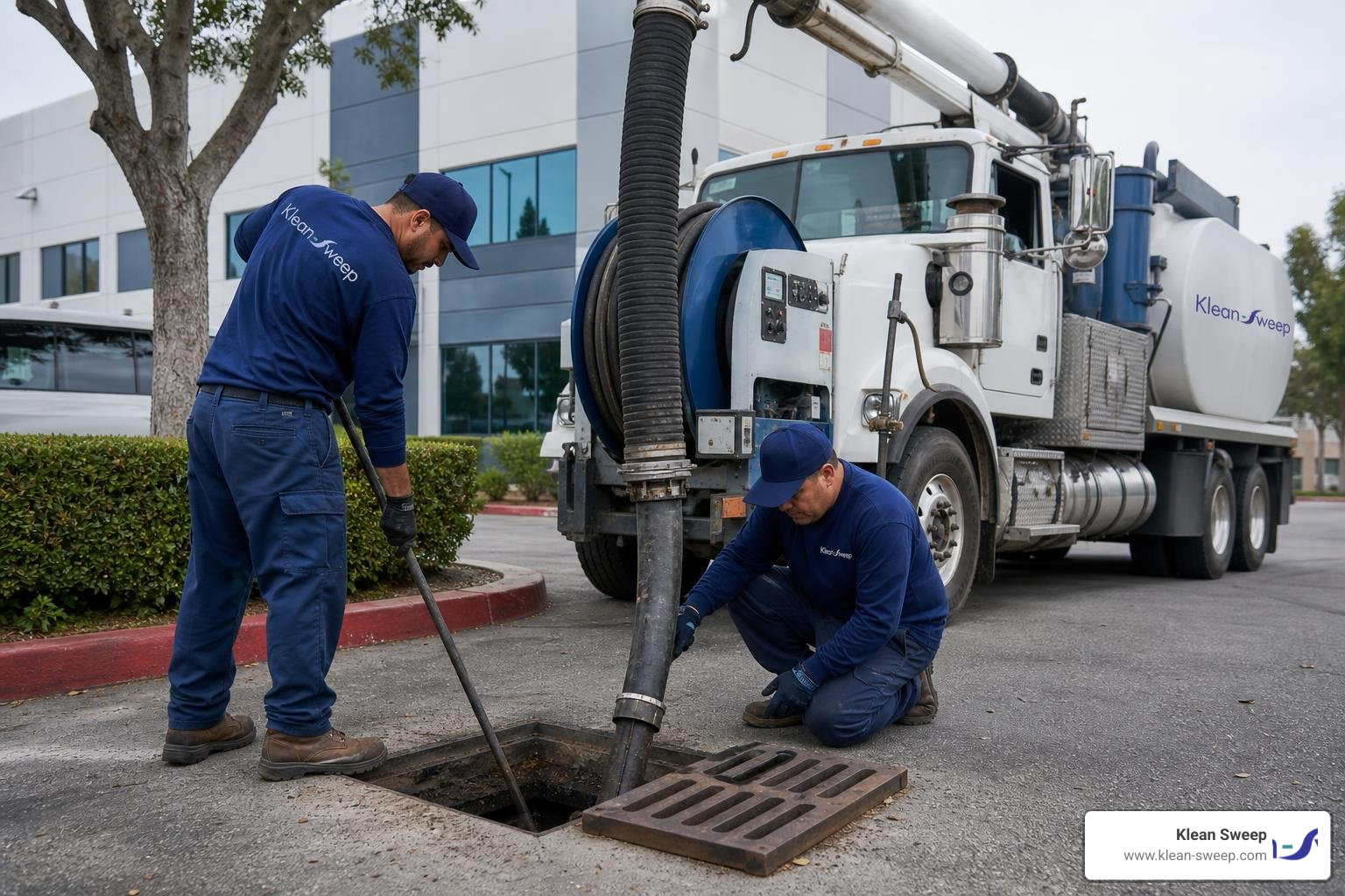 Klean Sweep crew in blue uniforms cleaning a commercial catch basin with a vactor truck Klean Sweep crew in blue uniforms cleaning a commercial catch basin with a vactor truck