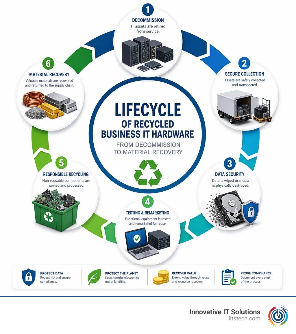 Lifecycle of recycled business IT hardware from decommission to material recovery infographic