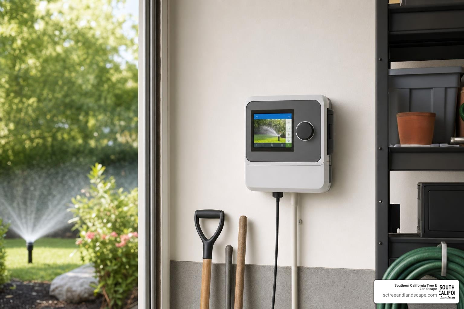 A modern smart irrigation controller mounted on a garage wall A modern smart irrigation controller mounted on a garage wall
