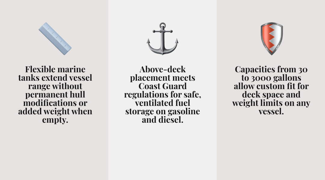 Infographic showing auxiliary flexible marine tank benefits: capacity range, fuel types, above-deck placement, collapsible Infographic showing auxiliary flexible marine tank benefits: capacity range, fuel types, above-deck placement, collapsible
