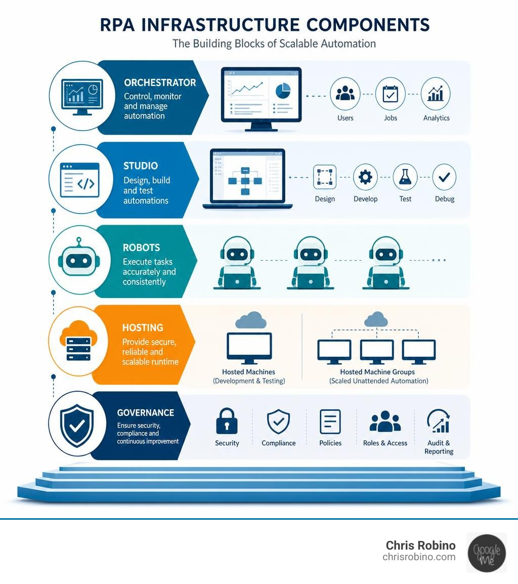 RPA infrastructure components infographic showing orchestrator, studio, robots, hosting, and governance layers infographic