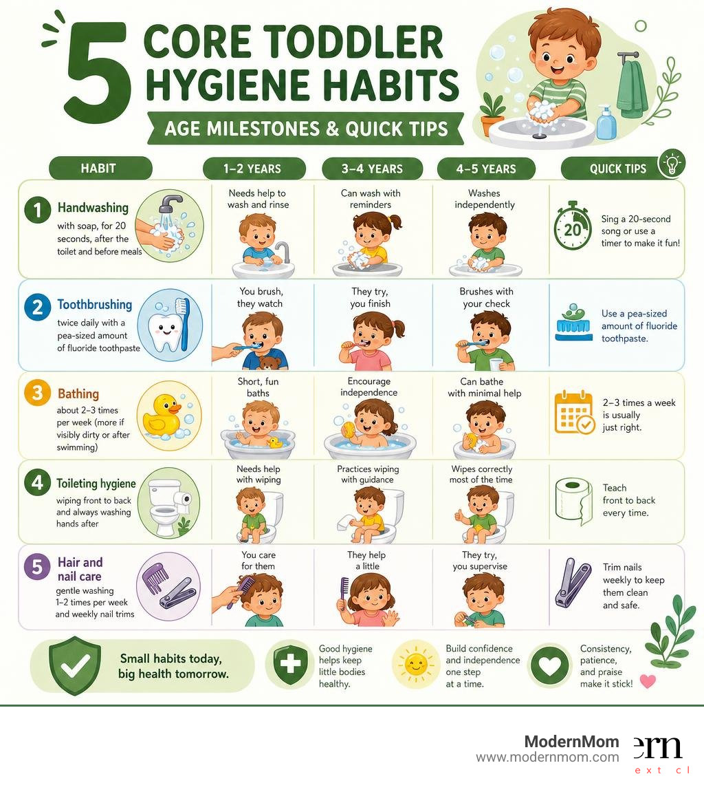5 core toddler hygiene habits infographic with age milestones and quick tips infographic